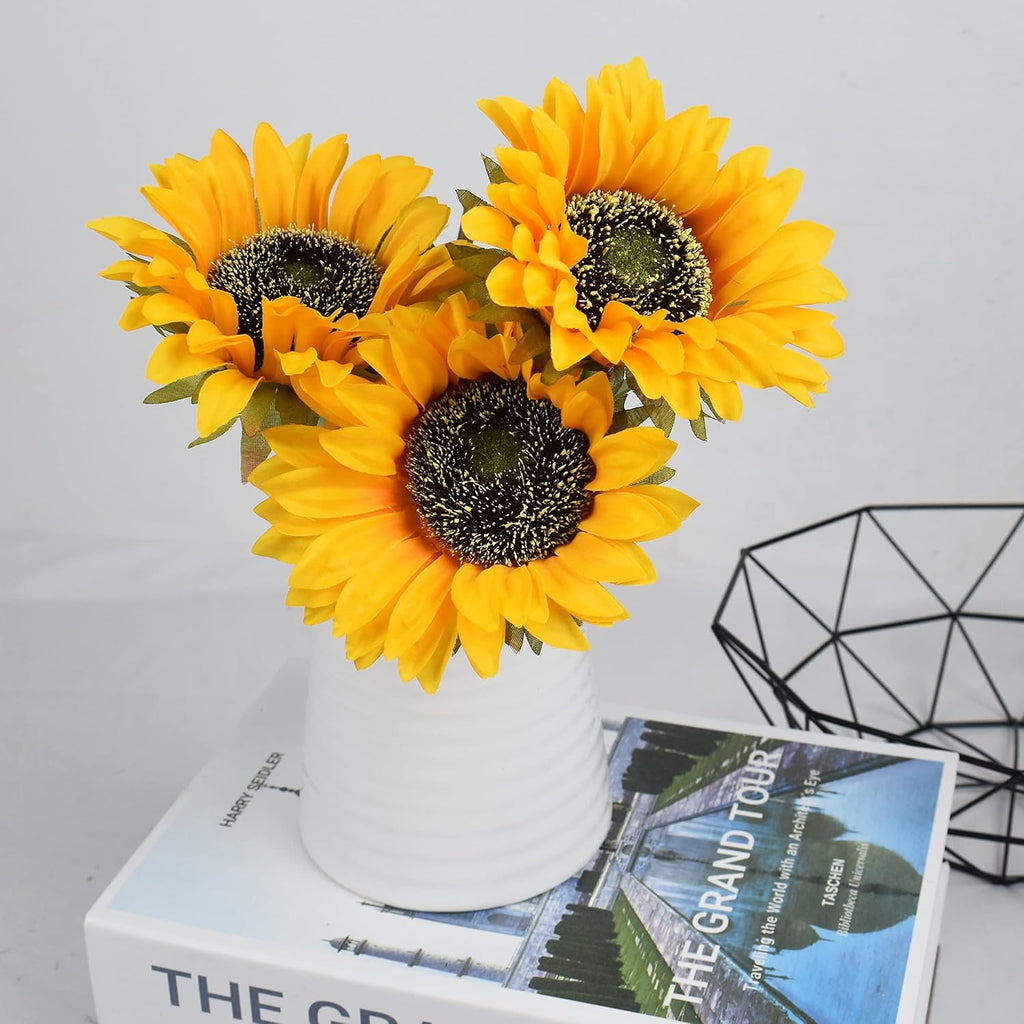 WISTART 8pcs Artificial Sunflower Flowers Long Stem Large Silk Sunflowers Bridal Wedding Bouquet Fake Yellow Flower Arrangements for Outdoor