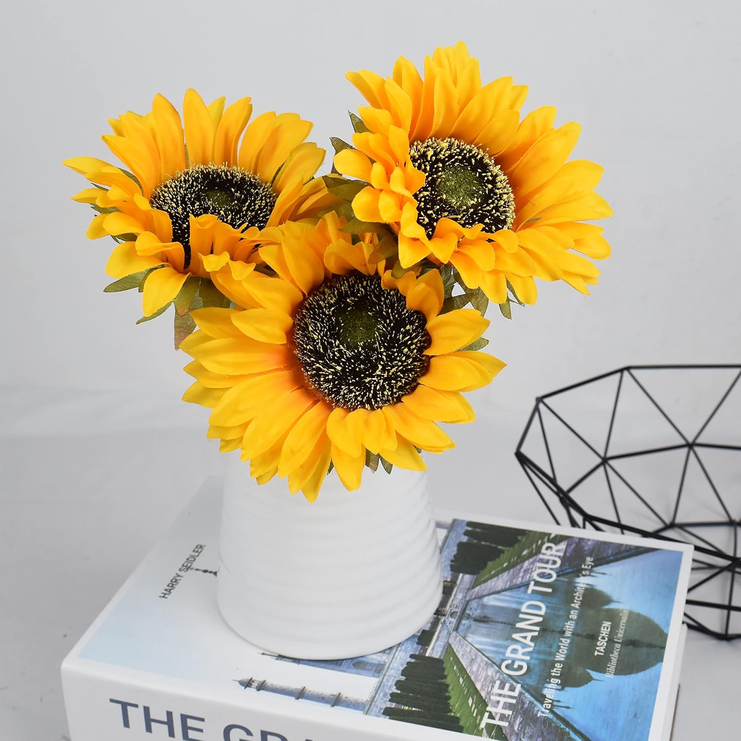 WISTART 8pcs Artificial Sunflower Flowers Long Stem Large Silk Sunflowers Bridal Wedding Bouquet Fake Yellow Flower Arrangements for Outdoor