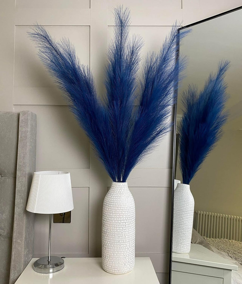 VOULUX Extra Large Tall Blue Fake Faux Artificial Pampas Grass Large Fluffy x3 115cm Stems x18 Decorative Artificial Flora Feathers For Floor Vases Tall Blue Plant Flowers Long Pampas Grass