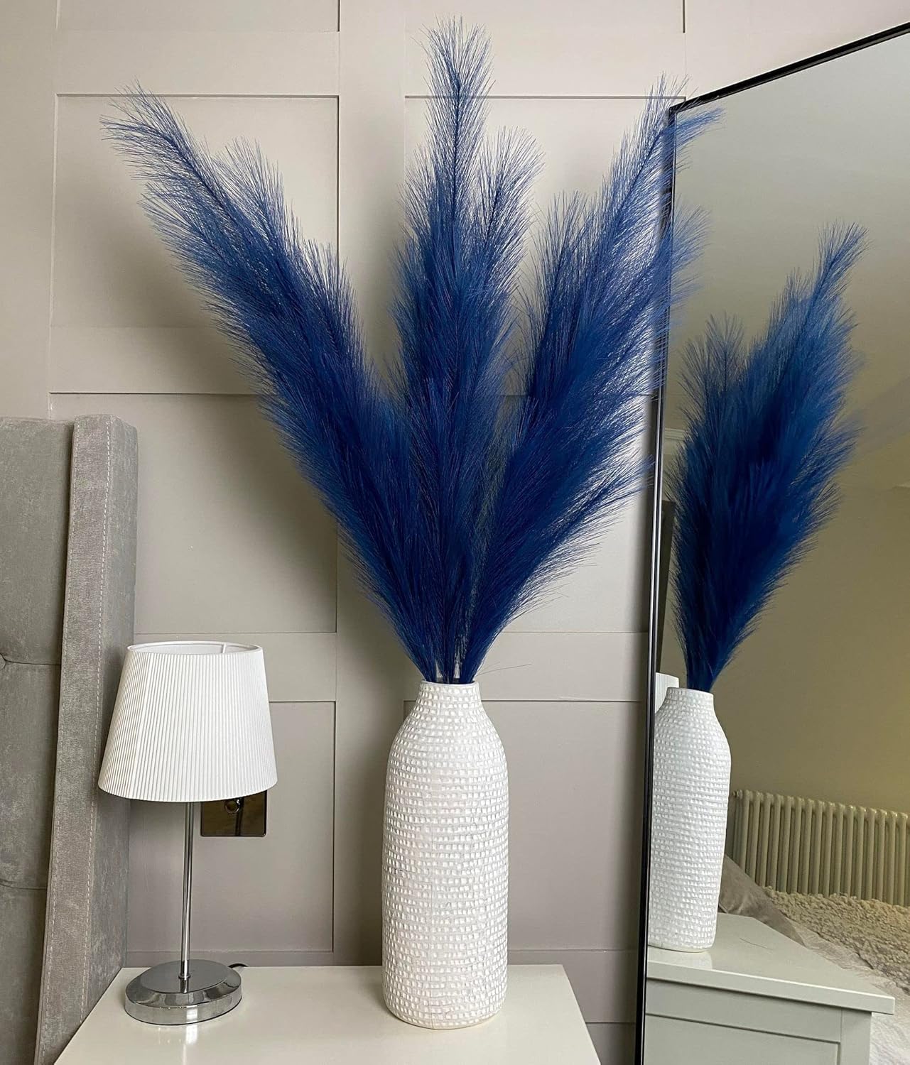 VOULUX Extra Large Tall Blue Fake Faux Artificial Pampas Grass Large Fluffy x3 115cm Stems x18 Decorative Artificial Flora Feathers For Floor Vases Tall Blue Plant Flowers Long Pampas Grass