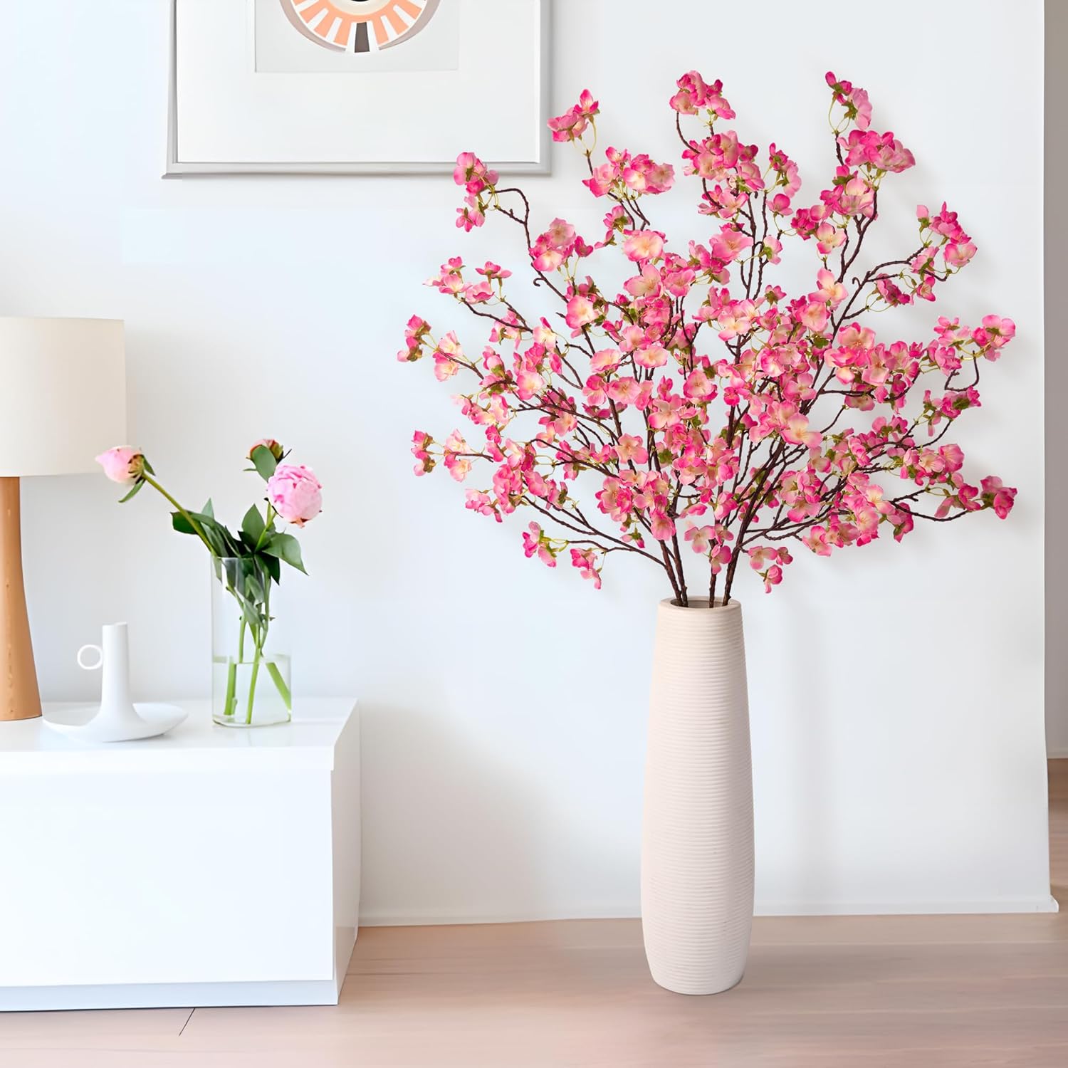 florisso Cherry Blossom Branches, Faux Peach Blossom Flowers, Artificial Plum Branches Real Touch Silk for Party Home Decor Wedding Arrangements (4PCS, White, 41")