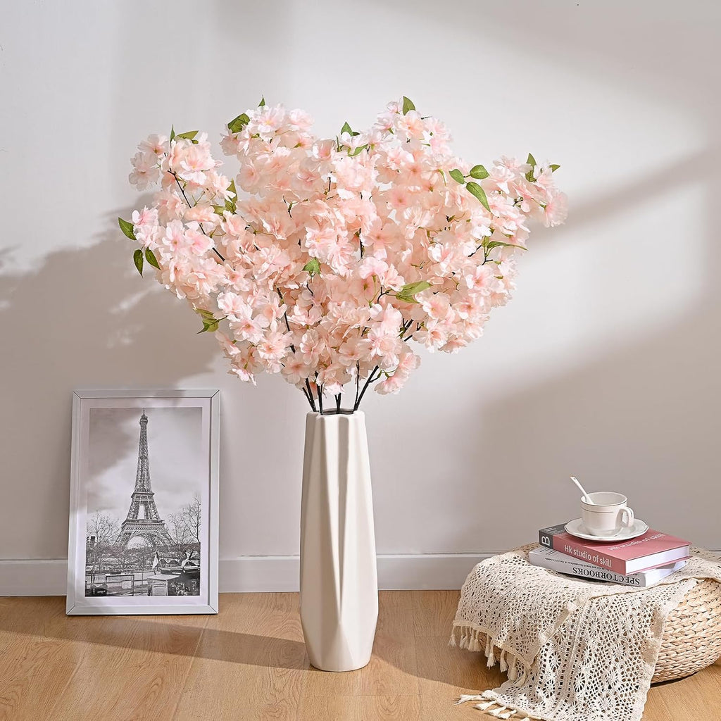 Sunm Boutique White Cherry Blossom Flowers, Artificial Cherry Blossom Decor Faux Cherry Blossom Branches Vase Arrangements for Wedding Home Party Kitchen Decor, Set of 3