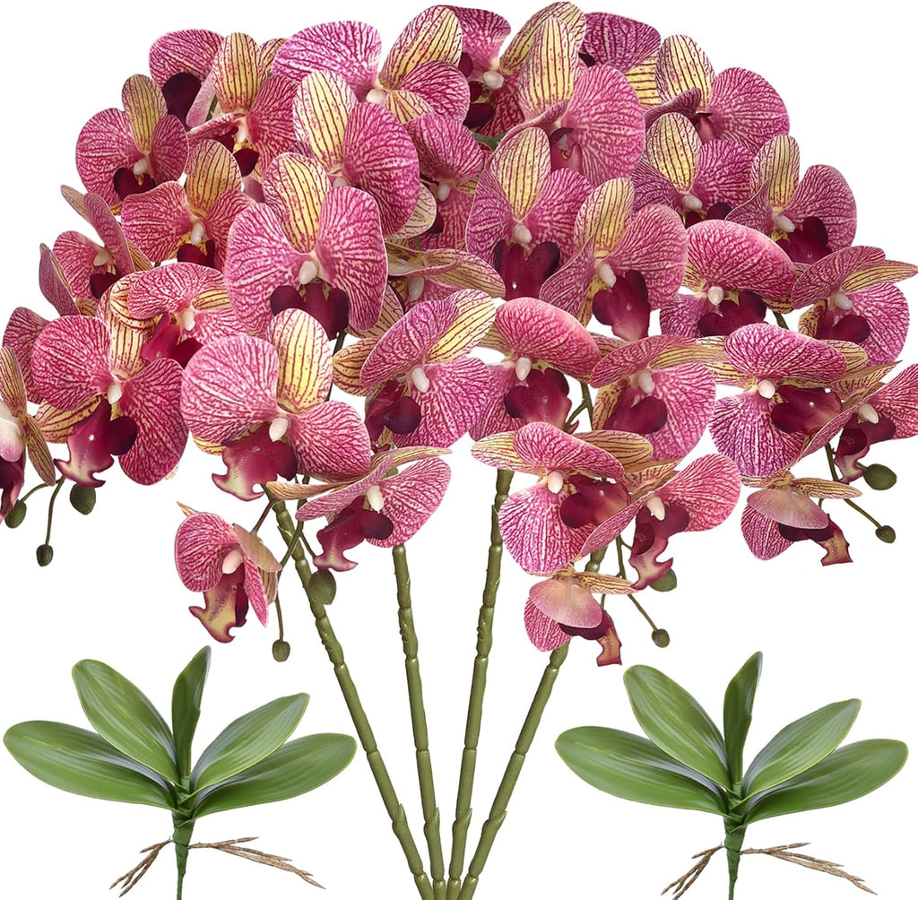 FagusHome 32 Inches Artificial Phalaenopsis Flowers 4 Pcs with 2 bundles Leaves Artificial Orchid Flowers Stem Plants for Home Décor (White)