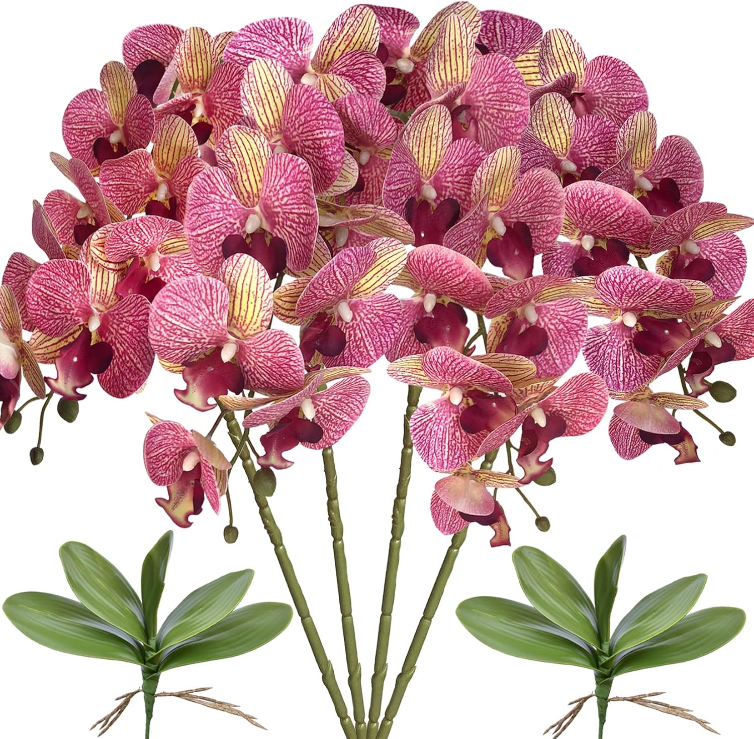 FagusHome 32 Inches Artificial Phalaenopsis Flowers 4 Pcs with 2 bundles Leaves Artificial Orchid Flowers Stem Plants for Home Décor (White)