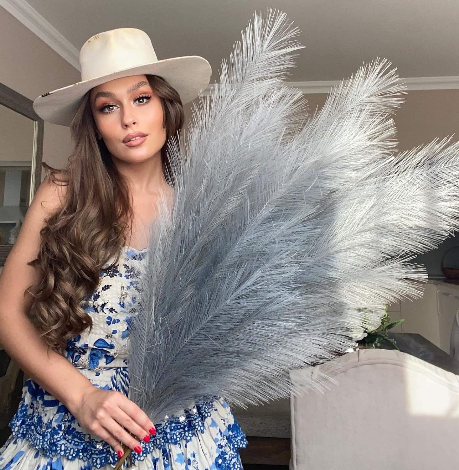 VOULUX Extra Large Tall Blue Fake Faux Artificial Pampas Grass Large Fluffy x3 115cm Stems x18 Decorative Artificial Flora Feathers For Floor Vases Tall Blue Plant Flowers Long Pampas Grass