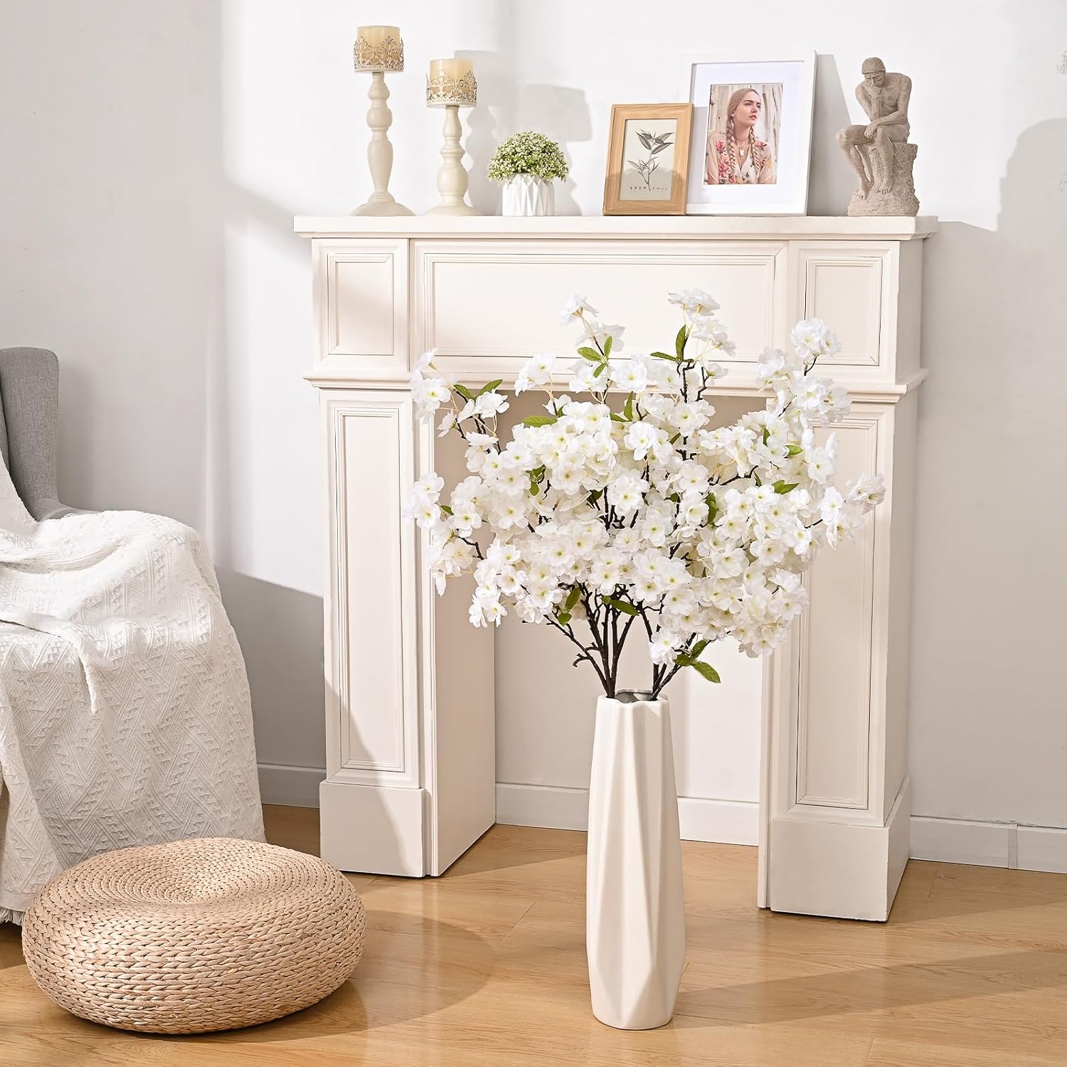 Sunm Boutique White Cherry Blossom Flowers, Artificial Cherry Blossom Decor Faux Cherry Blossom Branches Vase Arrangements for Wedding Home Party Kitchen Decor, Set of 3