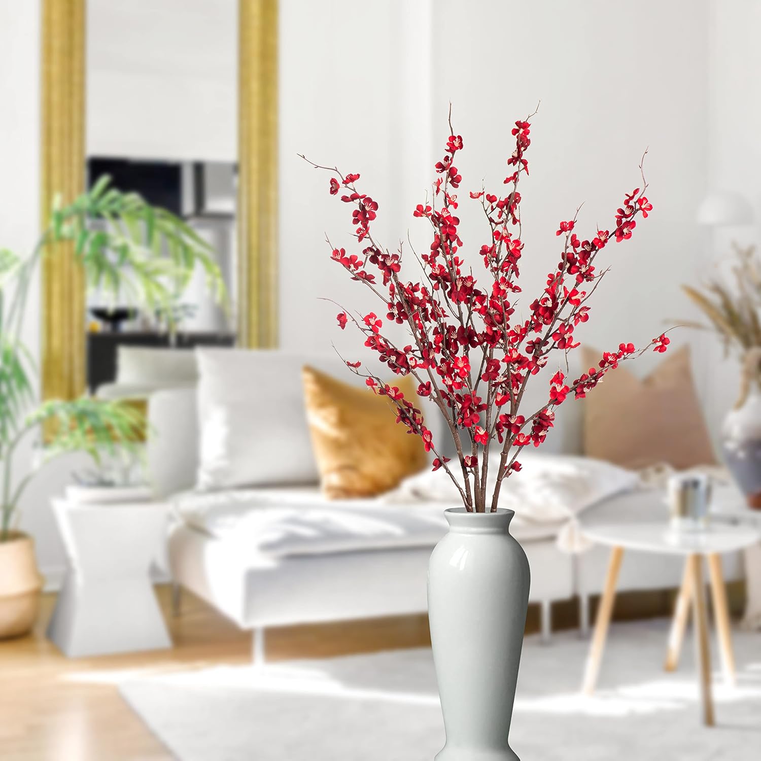 Ammyoo 4 PCS Artificial Plum Blossom Party Decorations Fake Cherry Flowers Faux Long Stems Wintersweets Silk Flowers Arrangement for Wedding Home Office Bedroom Decor(White)