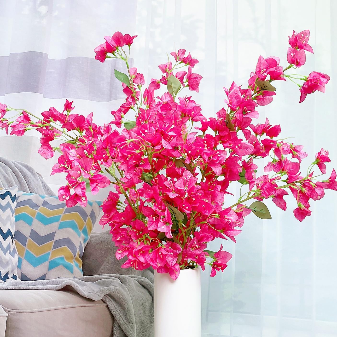Artificial Flowers Silk Bougainvillea Branches Faux Artificial Bougainvillea Floral Stems Long Plant Branches 45" for Wedding Centerpieces, Table Runner, Home Decoration (White - Pack of 4pcs)