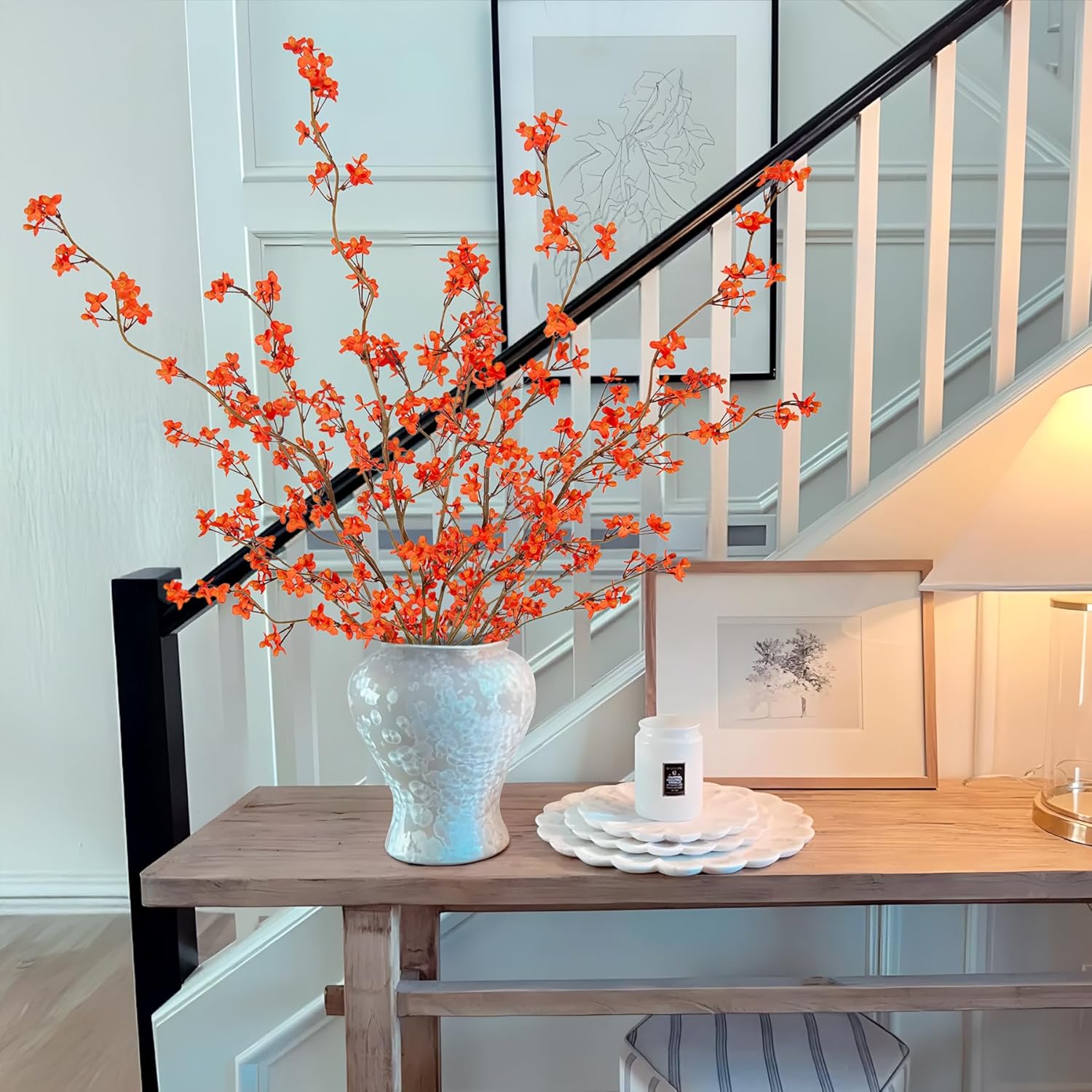 Ammyoo 4 PCS Artificial Plum Blossom Party Decorations Fake Cherry Flowers Faux Long Stems Wintersweets Silk Flowers Arrangement for Wedding Home Office Bedroom Decor(White)