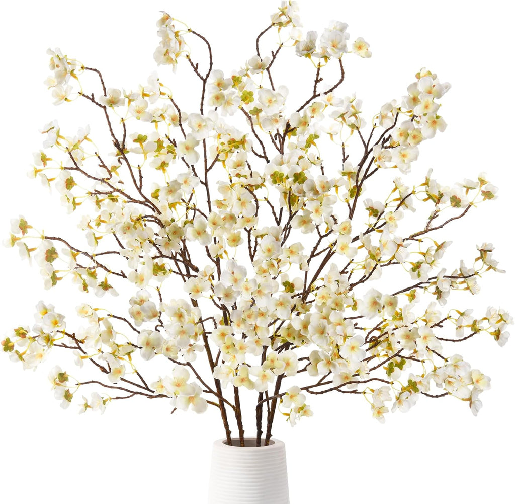 florisso Cherry Blossom Branches, Faux Peach Blossom Flowers, Artificial Plum Branches Real Touch Silk for Party Home Decor Wedding Arrangements (4PCS, White, 41")