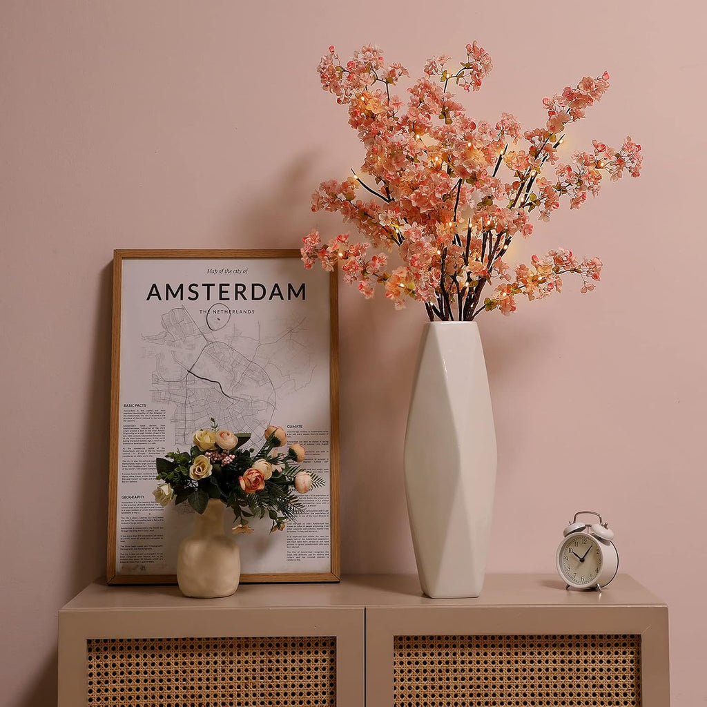 Sunm Boutique White Cherry Blossom Flowers, Artificial Cherry Blossom Decor Faux Cherry Blossom Branches Vase Arrangements for Wedding Home Party Kitchen Decor, Set of 3