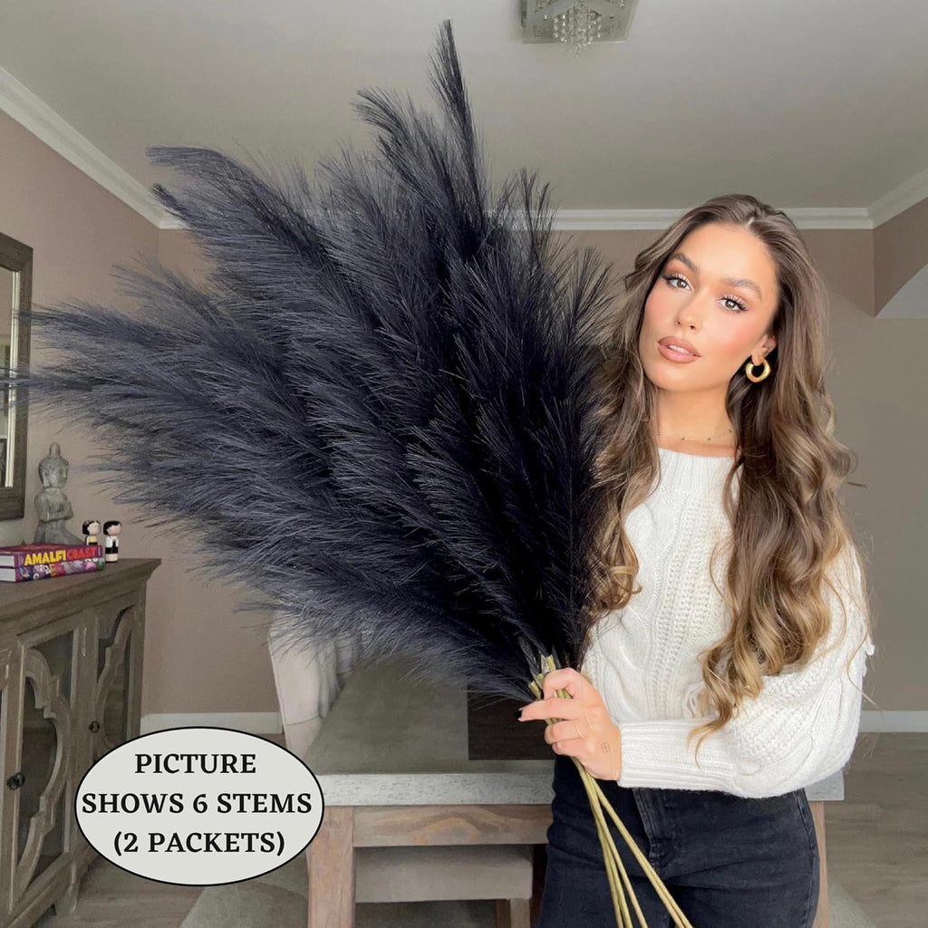 VOULUX Extra Large Tall Blue Fake Faux Artificial Pampas Grass Large Fluffy x3 115cm Stems x18 Decorative Artificial Flora Feathers For Floor Vases Tall Blue Plant Flowers Long Pampas Grass