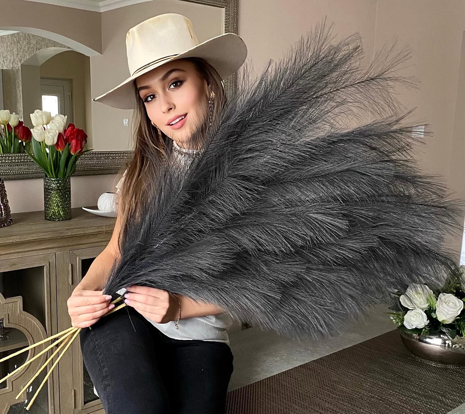 VOULUX Extra Large Tall Blue Fake Faux Artificial Pampas Grass Large Fluffy x3 115cm Stems x18 Decorative Artificial Flora Feathers For Floor Vases Tall Blue Plant Flowers Long Pampas Grass
