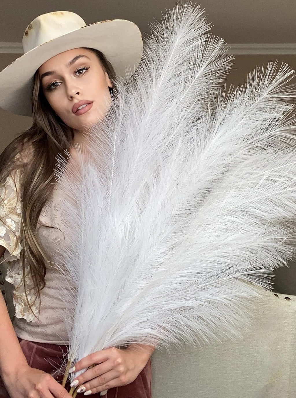 VOULUX Extra Large Tall Blue Fake Faux Artificial Pampas Grass Large Fluffy x3 115cm Stems x18 Decorative Artificial Flora Feathers For Floor Vases Tall Blue Plant Flowers Long Pampas Grass