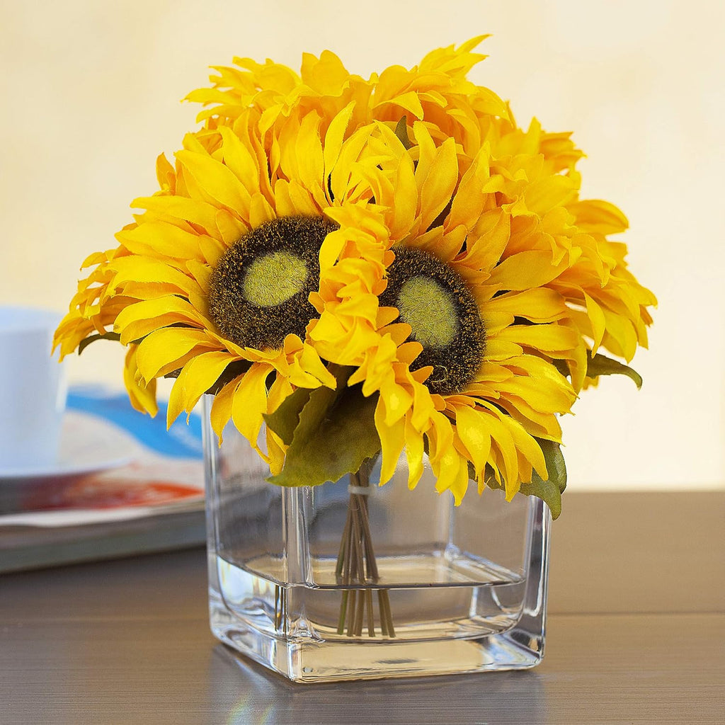 ENOVA HOME 7 Heads Silk Sunflower Arrangement Flower Centerpiece in Clear Glass Vase with Faux Water for Home Decoration