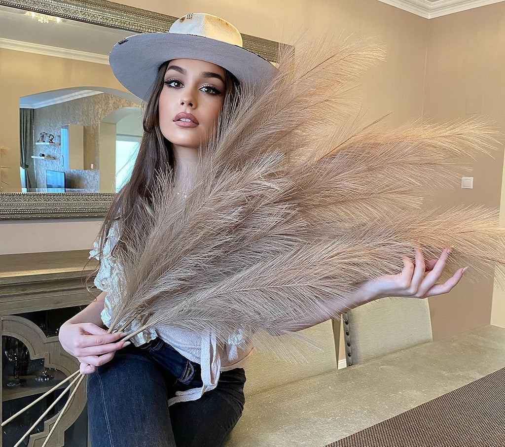 VOULUX Extra Large Tall Blue Fake Faux Artificial Pampas Grass Large Fluffy x3 115cm Stems x18 Decorative Artificial Flora Feathers For Floor Vases Tall Blue Plant Flowers Long Pampas Grass