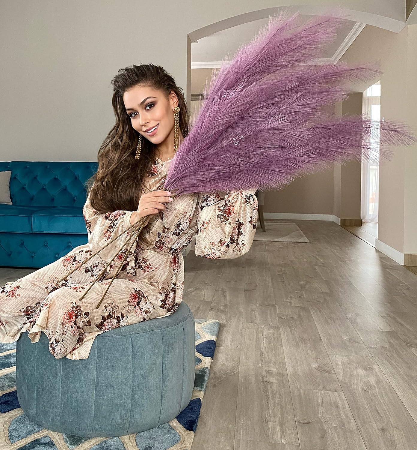 VOULUX Extra Large Tall Blue Fake Faux Artificial Pampas Grass Large Fluffy x3 115cm Stems x18 Decorative Artificial Flora Feathers For Floor Vases Tall Blue Plant Flowers Long Pampas Grass