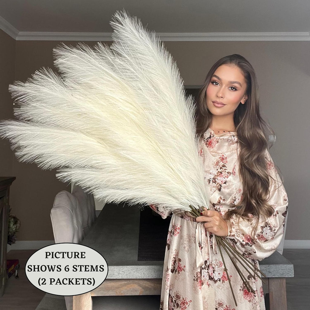 VOULUX Extra Large Tall Blue Fake Faux Artificial Pampas Grass Large Fluffy x3 115cm Stems x18 Decorative Artificial Flora Feathers For Floor Vases Tall Blue Plant Flowers Long Pampas Grass