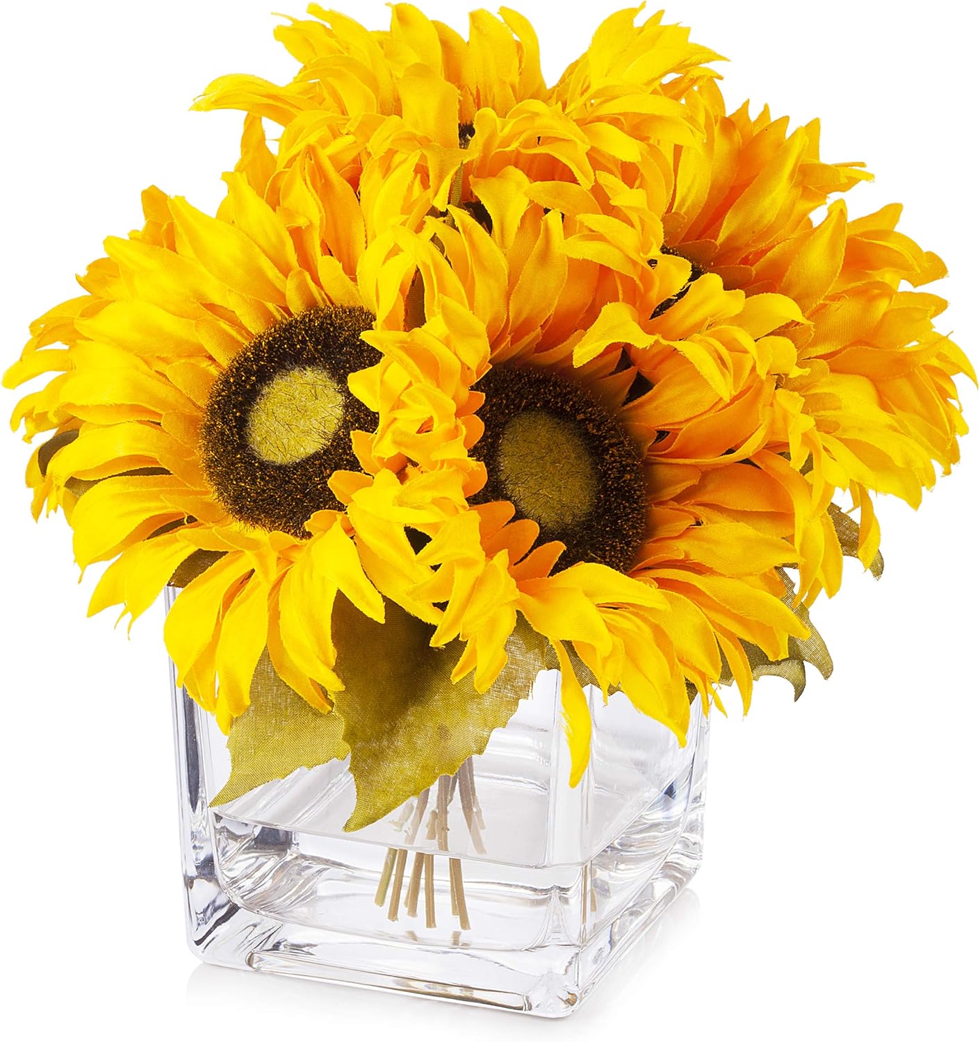 ENOVA HOME 7 Heads Silk Sunflower Arrangement Flower Centerpiece in Clear Glass Vase with Faux Water for Home Decoration