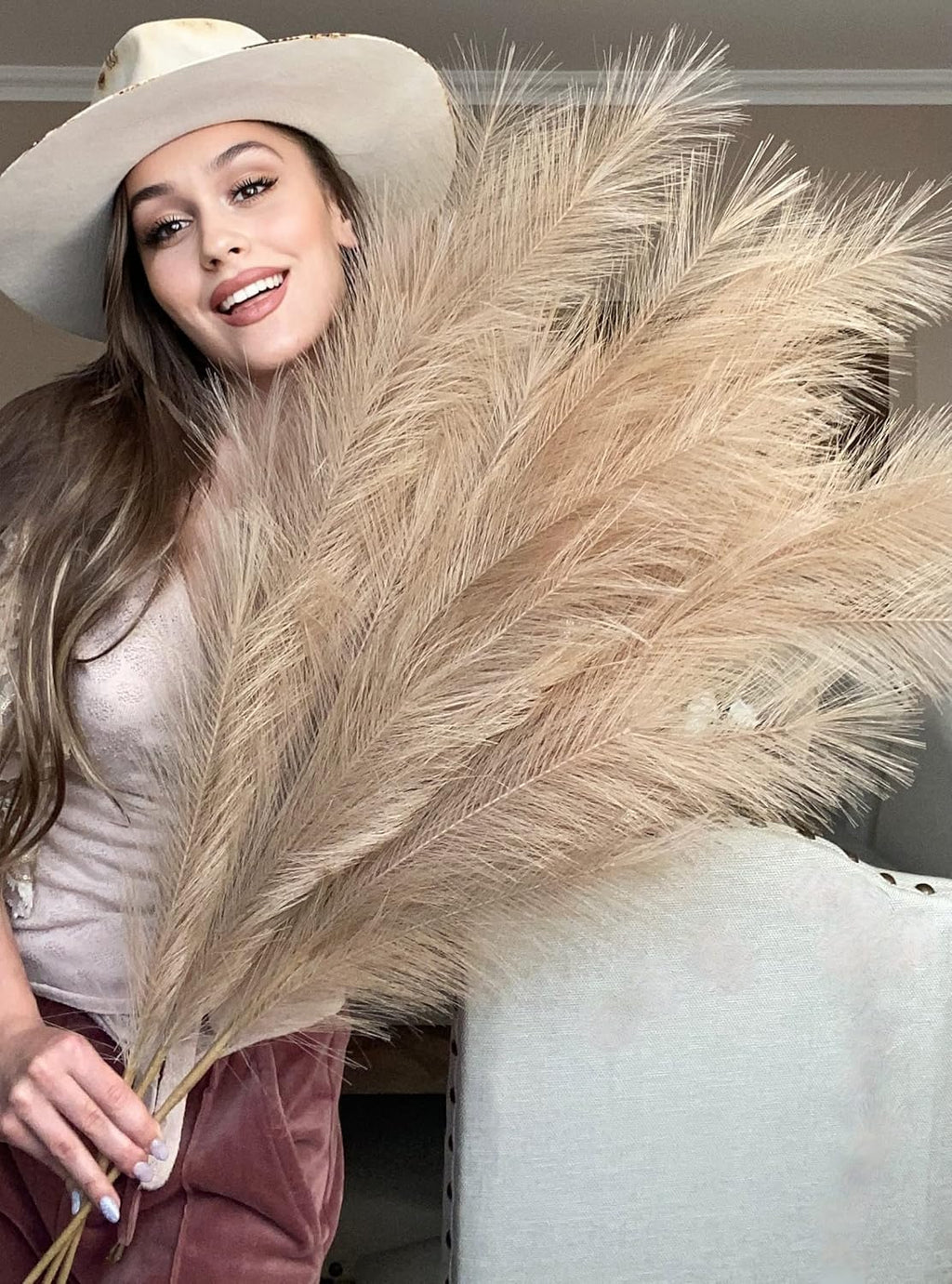 VOULUX Extra Large Tall Blue Fake Faux Artificial Pampas Grass Large Fluffy x3 115cm Stems x18 Decorative Artificial Flora Feathers For Floor Vases Tall Blue Plant Flowers Long Pampas Grass