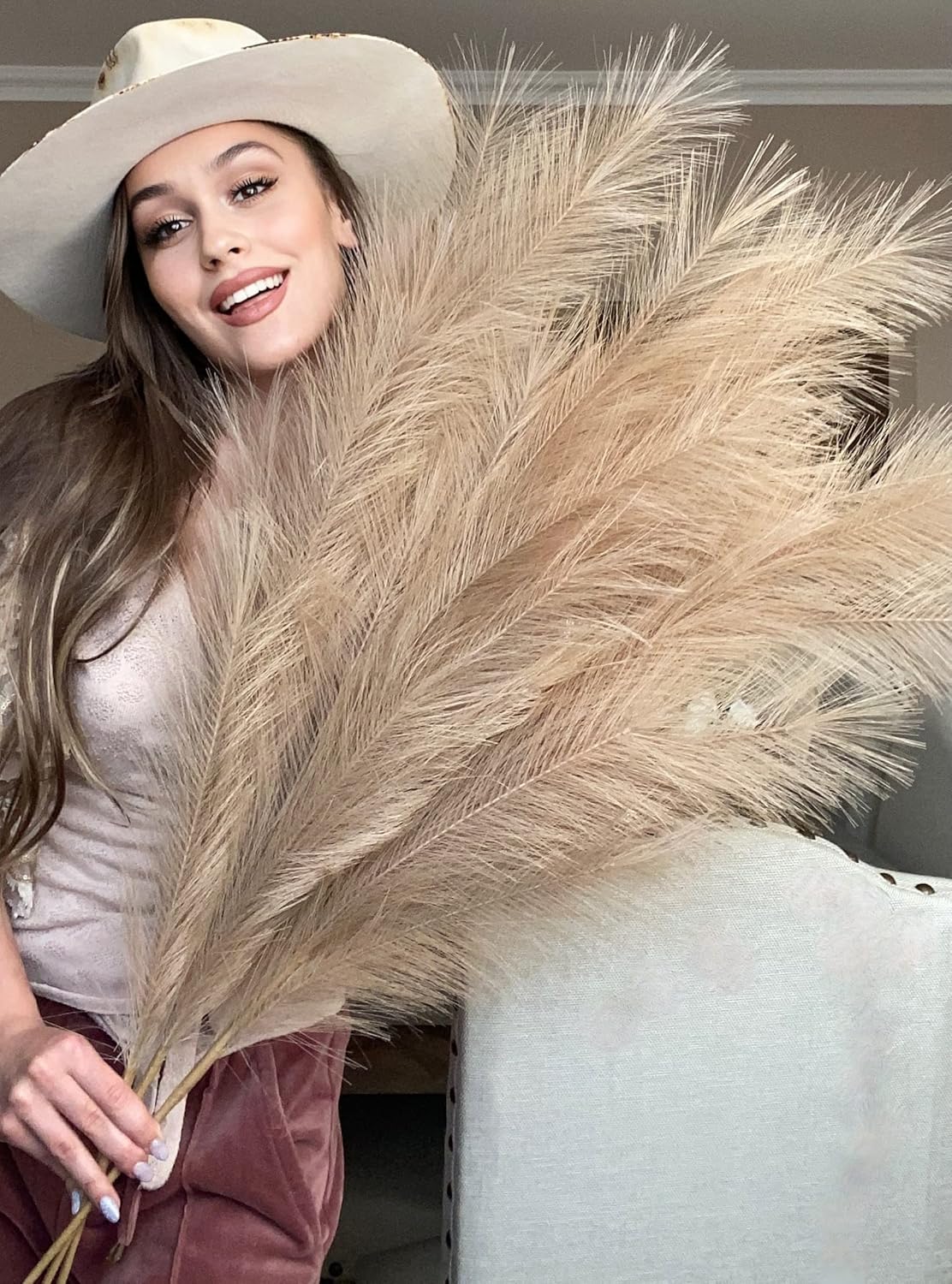 VOULUX Extra Large Tall Blue Fake Faux Artificial Pampas Grass Large Fluffy x3 115cm Stems x18 Decorative Artificial Flora Feathers For Floor Vases Tall Blue Plant Flowers Long Pampas Grass