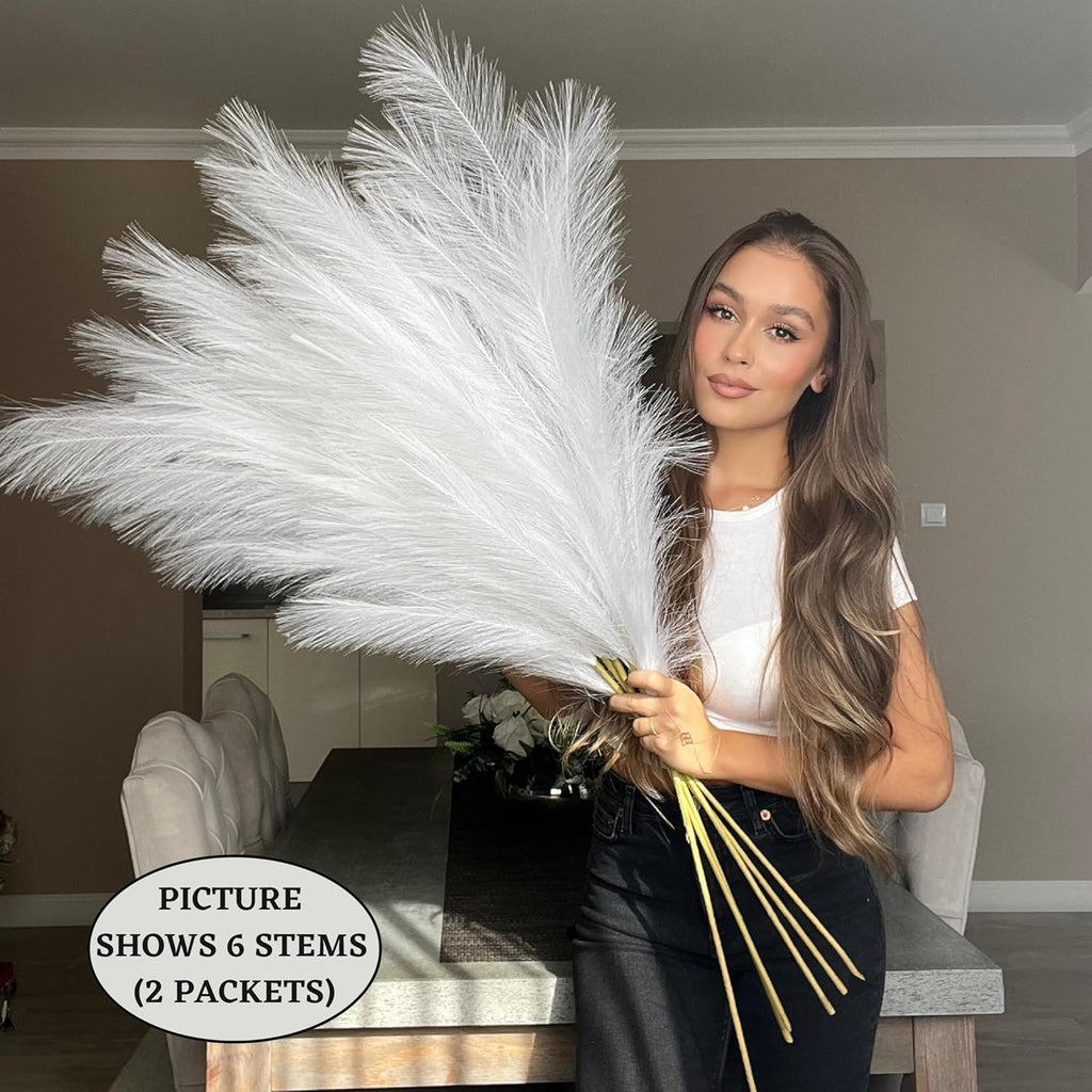 VOULUX Extra Large Tall Blue Fake Faux Artificial Pampas Grass Large Fluffy x3 115cm Stems x18 Decorative Artificial Flora Feathers For Floor Vases Tall Blue Plant Flowers Long Pampas Grass