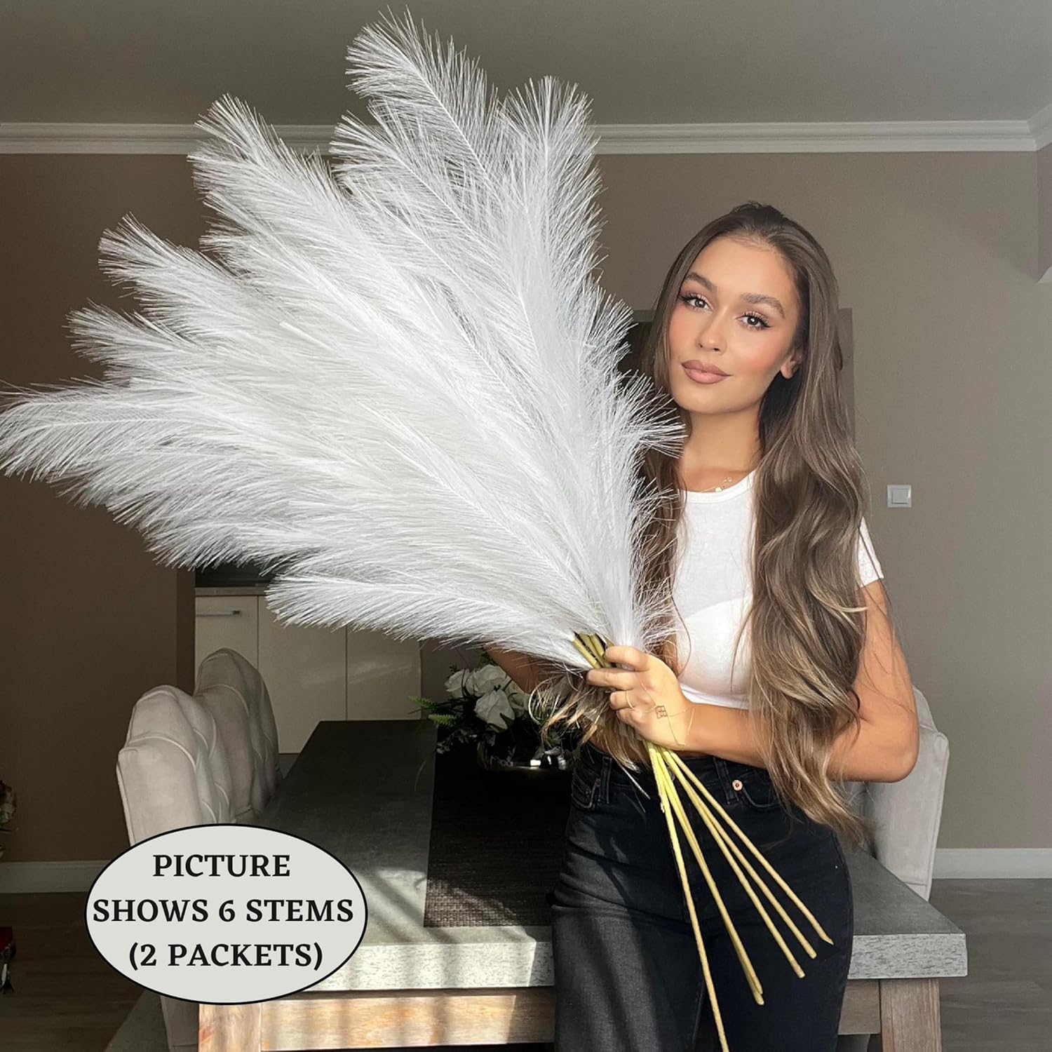 VOULUX Extra Large Tall Blue Fake Faux Artificial Pampas Grass Large Fluffy x3 115cm Stems x18 Decorative Artificial Flora Feathers For Floor Vases Tall Blue Plant Flowers Long Pampas Grass