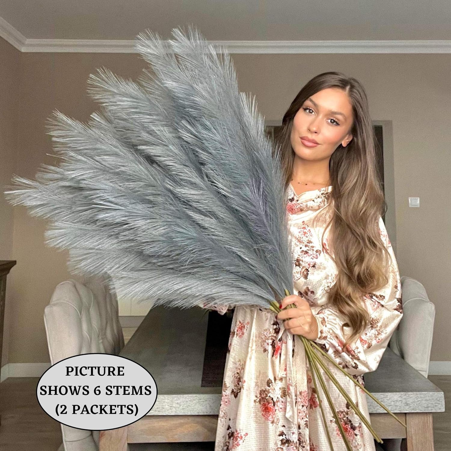 VOULUX Extra Large Tall Blue Fake Faux Artificial Pampas Grass Large Fluffy x3 115cm Stems x18 Decorative Artificial Flora Feathers For Floor Vases Tall Blue Plant Flowers Long Pampas Grass