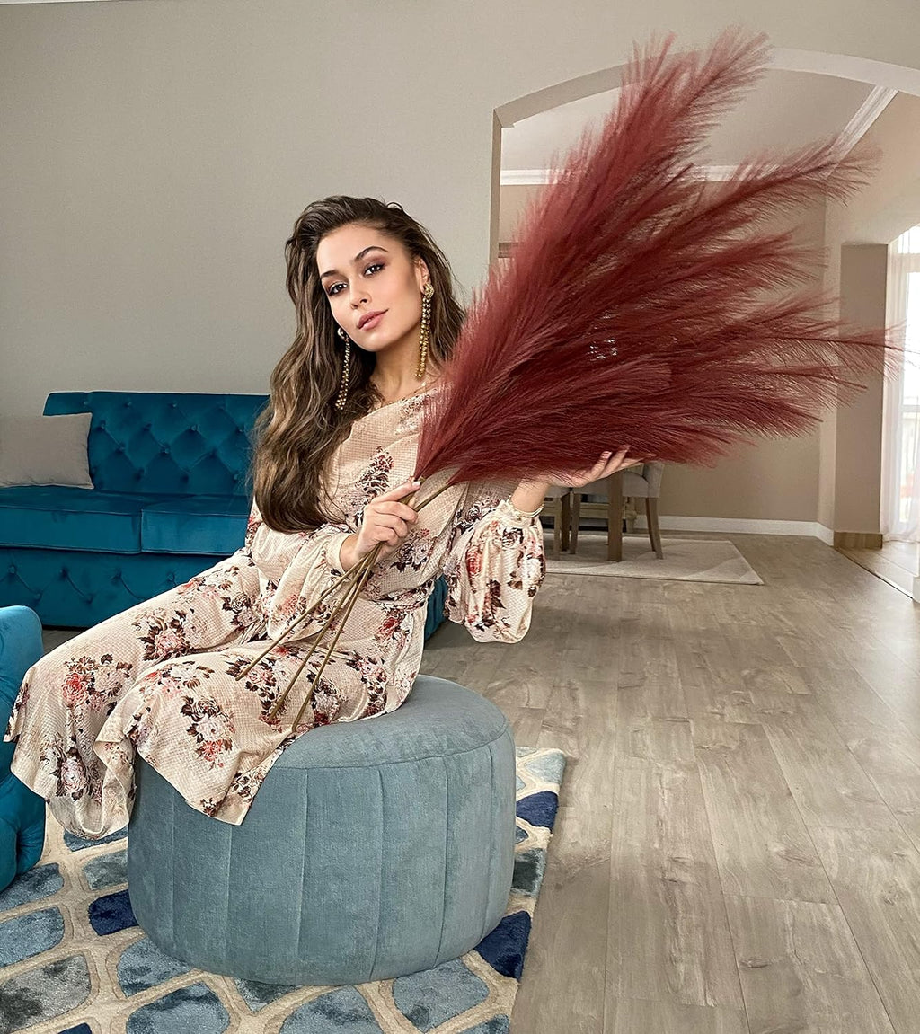 VOULUX Extra Large Tall Blue Fake Faux Artificial Pampas Grass Large Fluffy x3 115cm Stems x18 Decorative Artificial Flora Feathers For Floor Vases Tall Blue Plant Flowers Long Pampas Grass