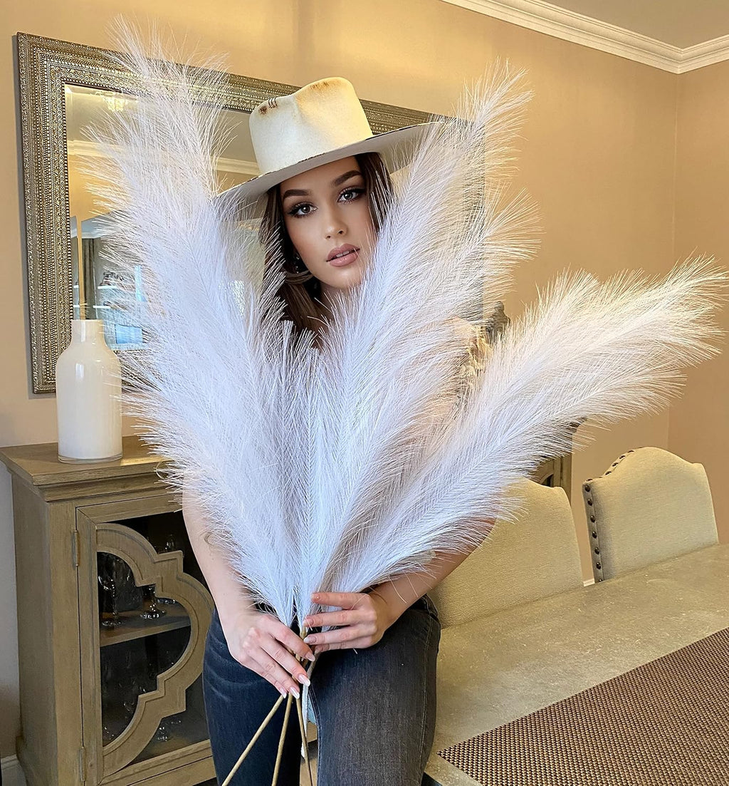 VOULUX Extra Large Tall Blue Fake Faux Artificial Pampas Grass Large Fluffy x3 115cm Stems x18 Decorative Artificial Flora Feathers For Floor Vases Tall Blue Plant Flowers Long Pampas Grass
