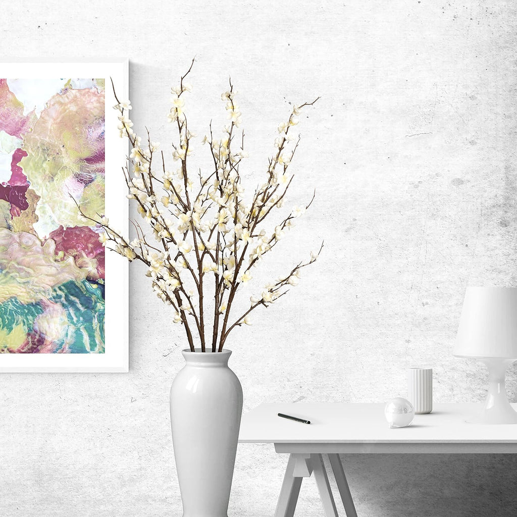 Ammyoo 4 PCS Artificial Plum Blossom Party Decorations Fake Cherry Flowers Faux Long Stems Wintersweets Silk Flowers Arrangement for Wedding Home Office Bedroom Decor(White)