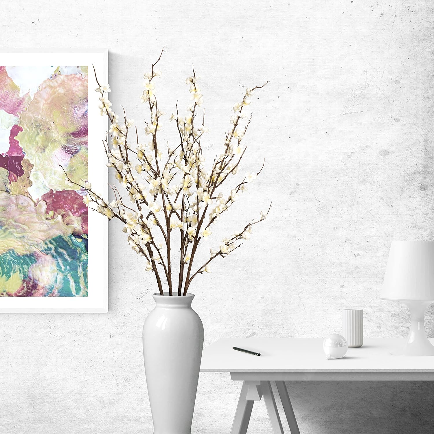 Ammyoo 4 PCS Artificial Plum Blossom Party Decorations Fake Cherry Flowers Faux Long Stems Wintersweets Silk Flowers Arrangement for Wedding Home Office Bedroom Decor(White)