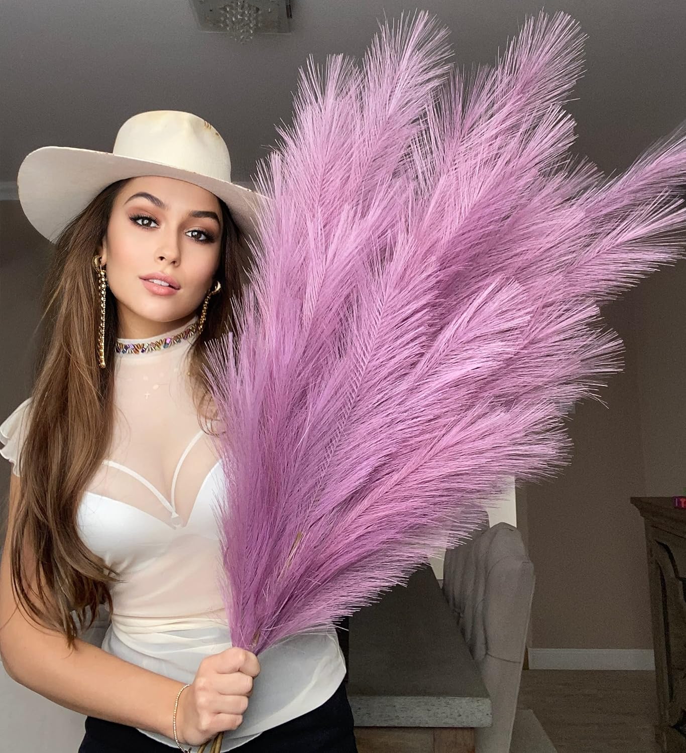 VOULUX Extra Large Tall Blue Fake Faux Artificial Pampas Grass Large Fluffy x3 115cm Stems x18 Decorative Artificial Flora Feathers For Floor Vases Tall Blue Plant Flowers Long Pampas Grass