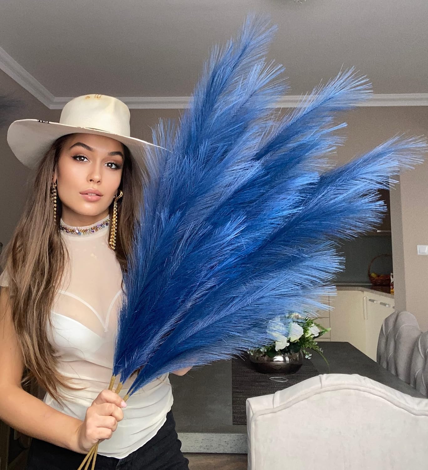 VOULUX Extra Large Tall Blue Fake Faux Artificial Pampas Grass Large Fluffy x3 115cm Stems x18 Decorative Artificial Flora Feathers For Floor Vases Tall Blue Plant Flowers Long Pampas Grass