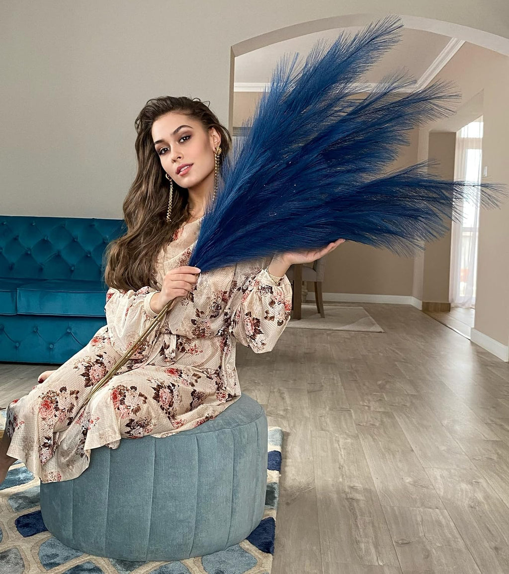 VOULUX Extra Large Tall Blue Fake Faux Artificial Pampas Grass Large Fluffy x3 115cm Stems x18 Decorative Artificial Flora Feathers For Floor Vases Tall Blue Plant Flowers Long Pampas Grass