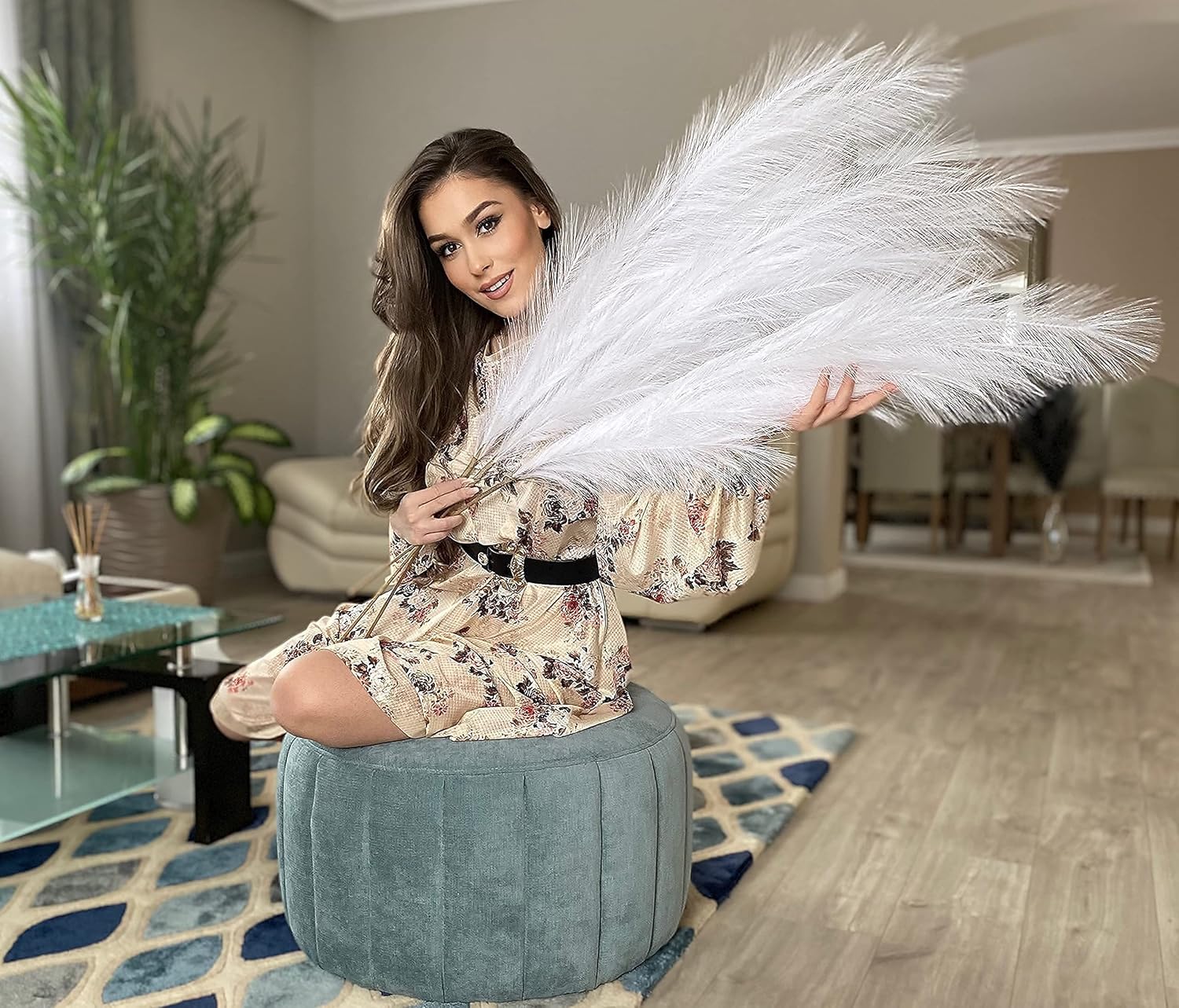 VOULUX Extra Large Tall Blue Fake Faux Artificial Pampas Grass Large Fluffy x3 115cm Stems x18 Decorative Artificial Flora Feathers For Floor Vases Tall Blue Plant Flowers Long Pampas Grass