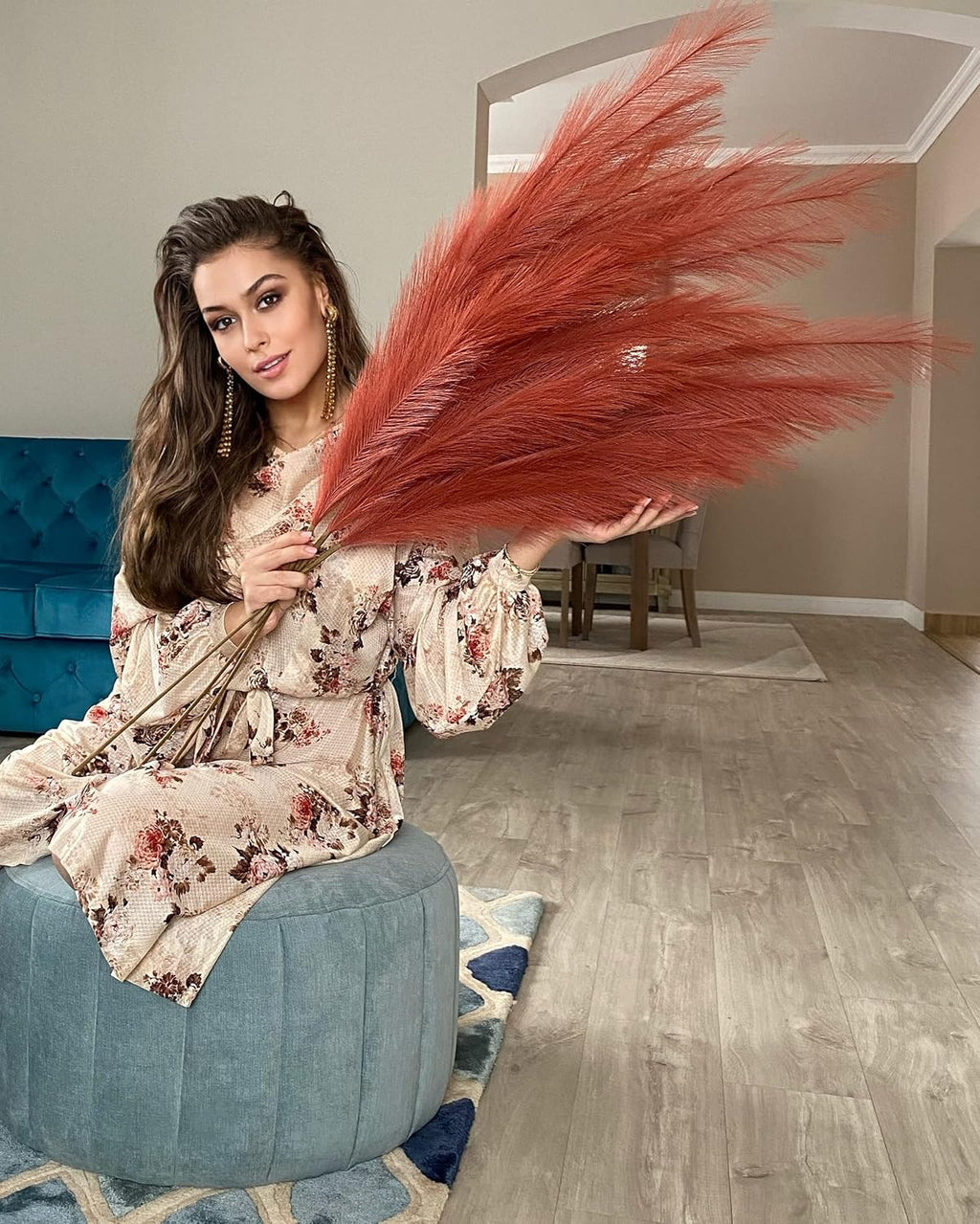 VOULUX Extra Large Tall Blue Fake Faux Artificial Pampas Grass Large Fluffy x3 115cm Stems x18 Decorative Artificial Flora Feathers For Floor Vases Tall Blue Plant Flowers Long Pampas Grass