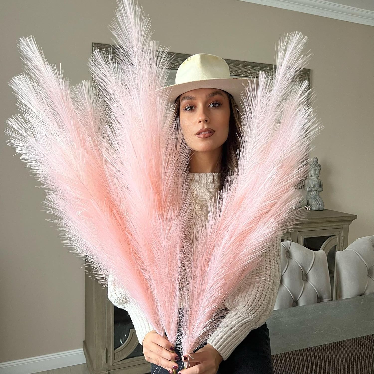 VOULUX Extra Large Tall Blue Fake Faux Artificial Pampas Grass Large Fluffy x3 115cm Stems x18 Decorative Artificial Flora Feathers For Floor Vases Tall Blue Plant Flowers Long Pampas Grass