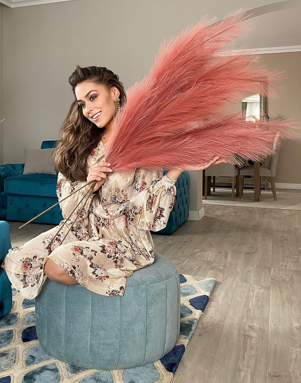 VOULUX Extra Large Tall Blue Fake Faux Artificial Pampas Grass Large Fluffy x3 115cm Stems x18 Decorative Artificial Flora Feathers For Floor Vases Tall Blue Plant Flowers Long Pampas Grass