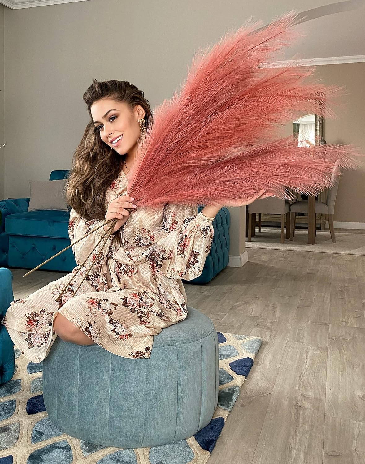 VOULUX Extra Large Tall Blue Fake Faux Artificial Pampas Grass Large Fluffy x3 115cm Stems x18 Decorative Artificial Flora Feathers For Floor Vases Tall Blue Plant Flowers Long Pampas Grass