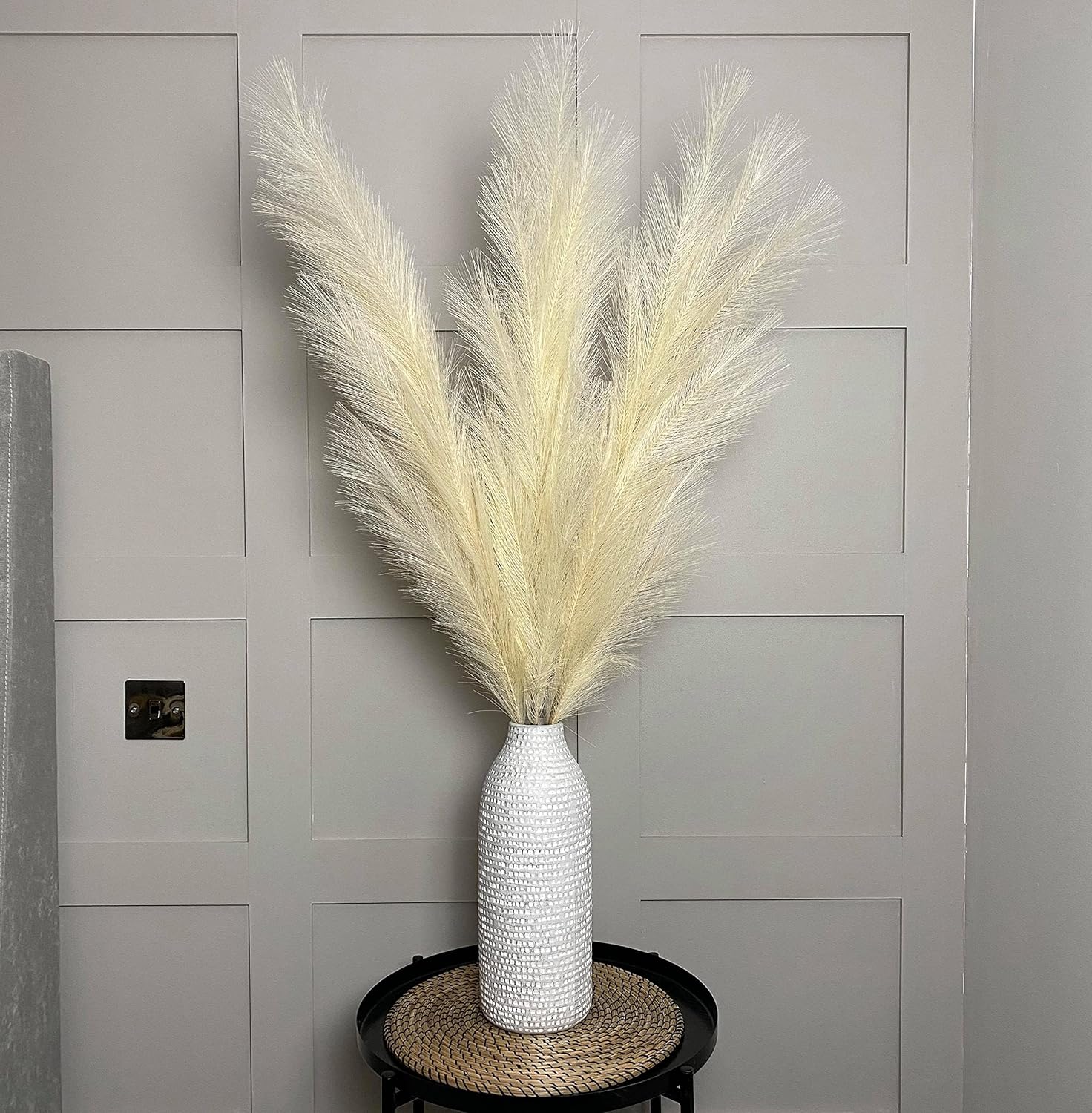 VOULUX Extra Large Tall Blue Fake Faux Artificial Pampas Grass Large Fluffy x3 115cm Stems x18 Decorative Artificial Flora Feathers For Floor Vases Tall Blue Plant Flowers Long Pampas Grass